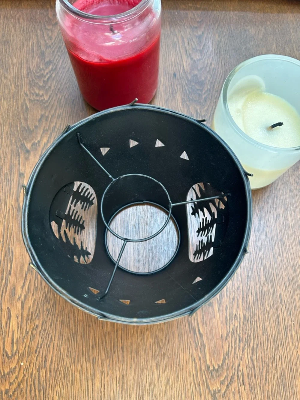 Rustic Metal Pine Trees candle shade - Brown. Cutout, 3 dimensional, like moon.